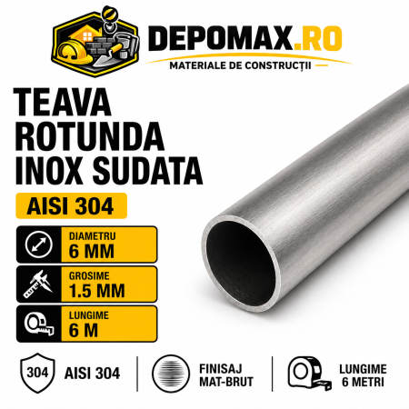 Teava rotunda inox sudata AISI 304, 6 x 1.5 mm, 6 metri